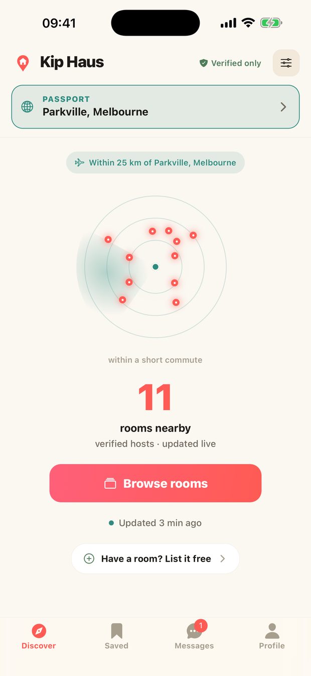 Live radar of verified rooms nearby