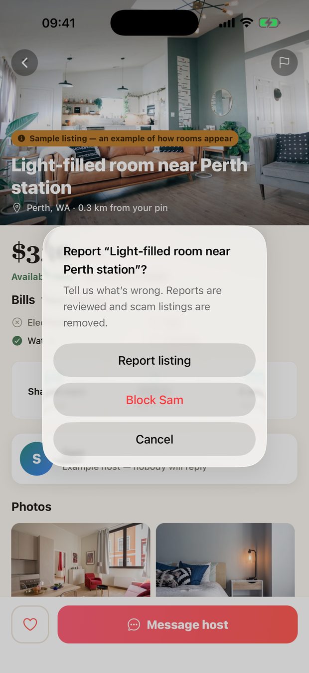 Reporting a listing from the room page: Report listing, Block host, Cancel.